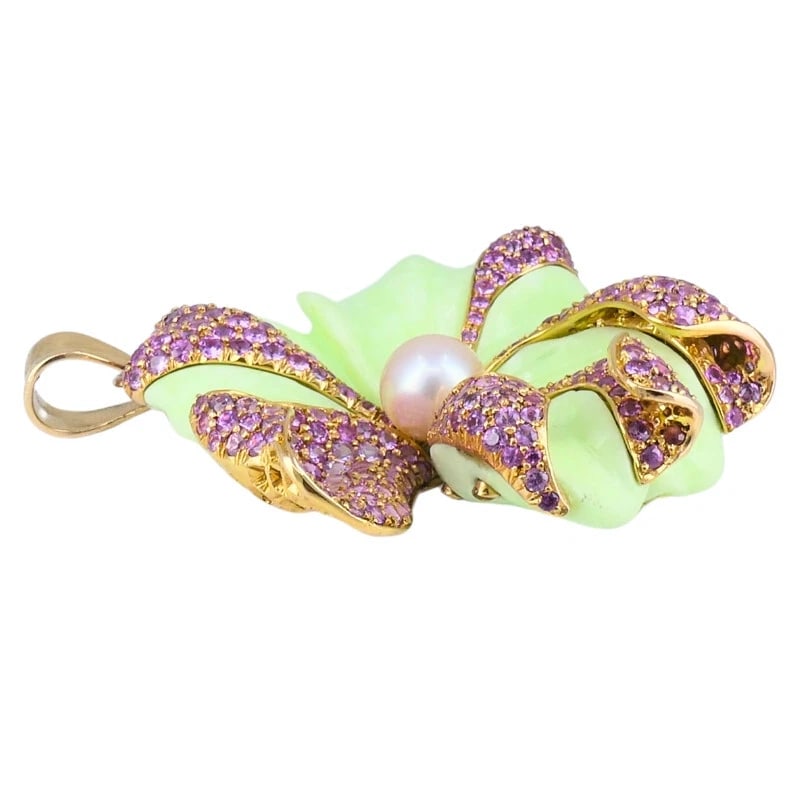 CARVIN FRENCH Chrysoprase Pink Sapphire Pearl Flower PENDANT 18k Gold - 4