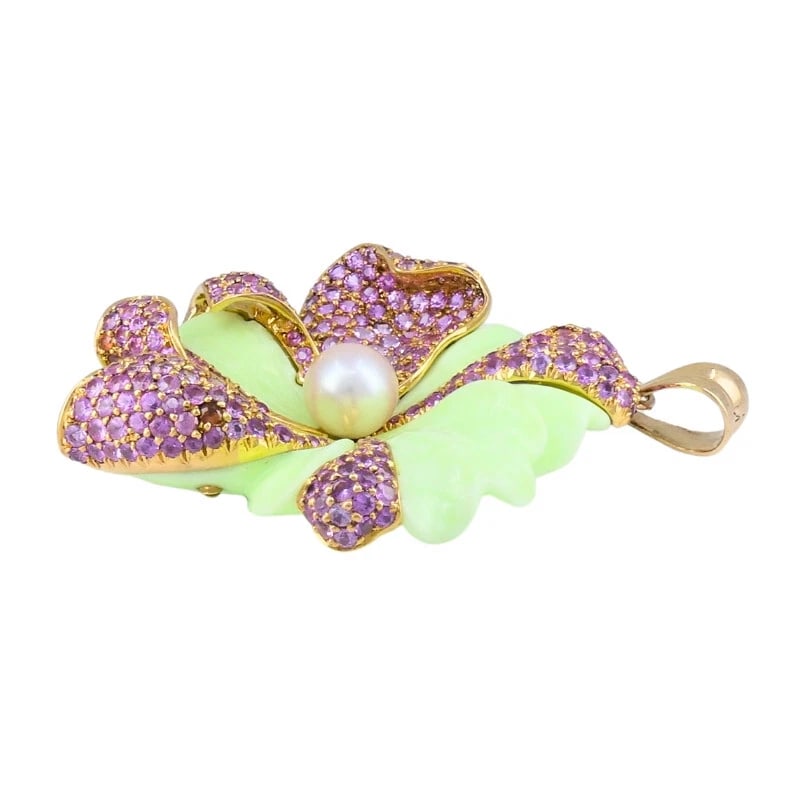 CARVIN FRENCH Chrysoprase Pink Sapphire Pearl Flower PENDANT 18k Gold - 5