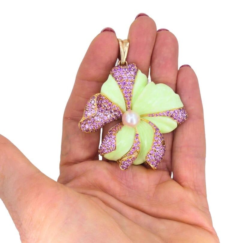 CARVIN FRENCH Chrysoprase Pink Sapphire Pearl Flower PENDANT 18k Gold - 6