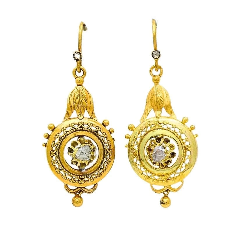 Antique 14k Gold Earrings Rose Cut Diamond: Title: Antique 14k Gold Earrings Rose Cut Diamond Description: Product details: CRCA: Early 20th Century MATERALS: 14K old EMSTONE: Diamond WEHT: 7.9 rams MEASREMENTS: Length - 1 5/8" Diameter - 5/8"