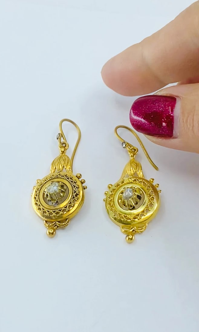 Antique 14k Gold Earrings Rose Cut Diamond - 2