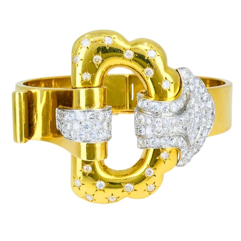 BOUCHERON Buckle Bangle BRACELET 18k Gold Diamond Platinum French Estate Jewelry: Title: BOUCHERON Buckle Bangle BRACELET 18k Gold Diamond Platinum French Estate Jewelry Description: BOCHERON 18 karat Yellow old Diamond Buckle Bracelet A gorgeous Boucheron buckle bangle bracelet ma