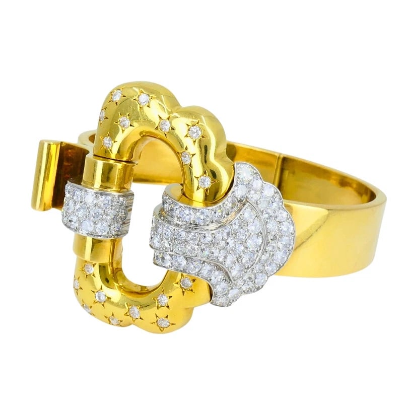 BOUCHERON Buckle Bangle BRACELET 18k Gold Diamond Platinum French Estate Jewelry - 5