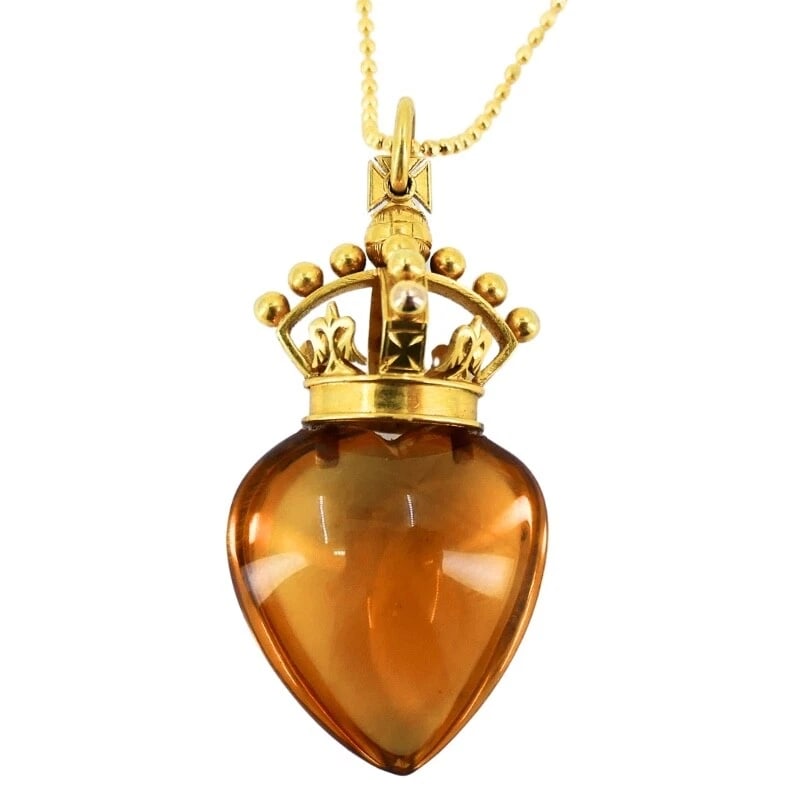 Heart and Crown Pendant Citrine 14k Gold Necklace - 5