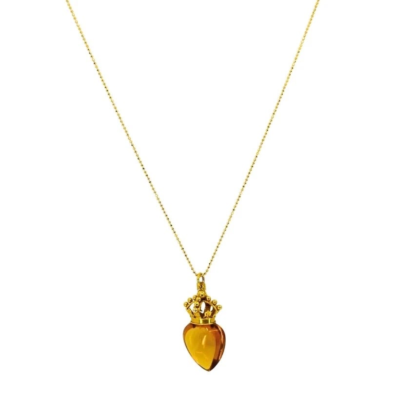 Heart and Crown Pendant Citrine 14k Gold Necklace - 6