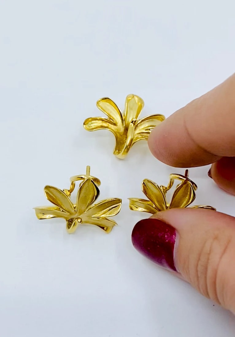 Vintage Set 18k Gold Lily Earrings Pendant - 2