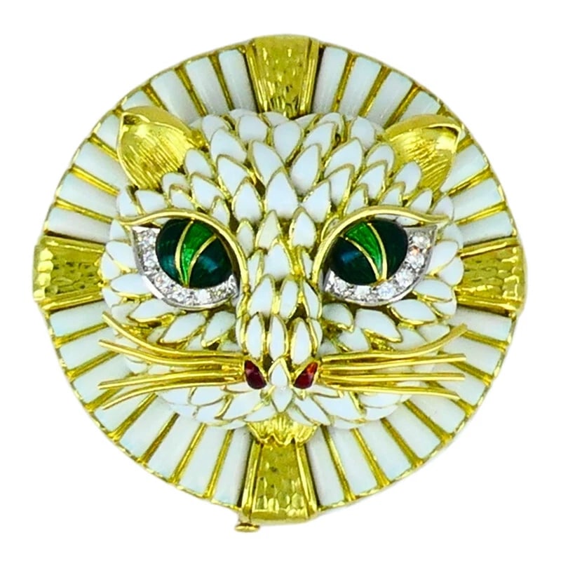 Vintage David Webb Cat BROOCH PENDANT 18k Gold Enamel Diamond Estate Jewelry (1 of 8)