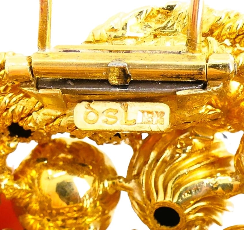 Onyx Gold Bead BROOCH 18k Retro Jewelry Signed OSL Estate Vintage - 7