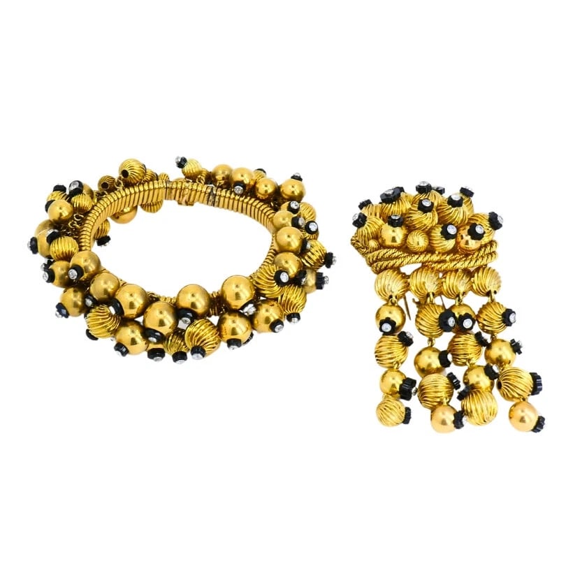 Onyx Gold Bead BROOCH 18k Retro Jewelry Signed OSL Estate Vintage - 8