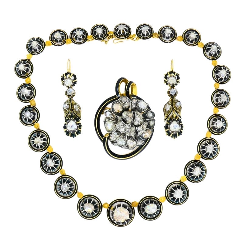 Georgian PARURE Set Gold Silver Rose Cut Diamond Necklace Earrings Brooch (1 of 11)