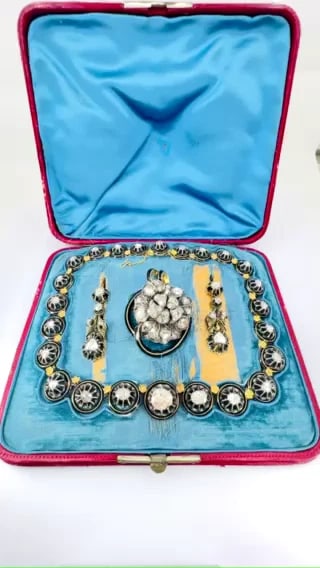 Georgian PARURE Set Gold Silver Rose Cut Diamond Necklace Earrings Brooch - 2