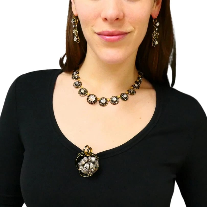 Georgian PARURE Set Gold Silver Rose Cut Diamond Necklace Earrings Brooch - 3