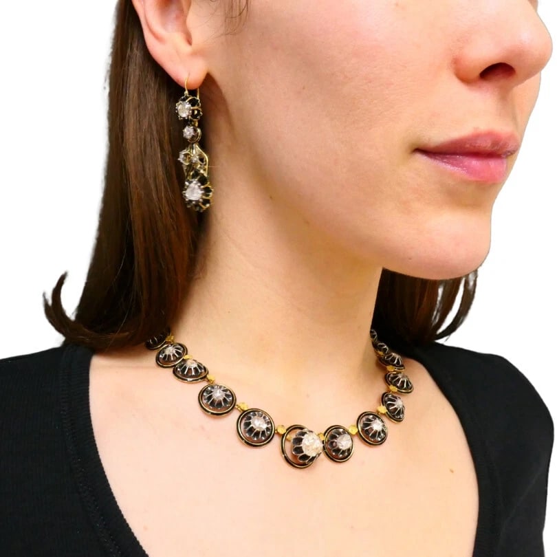 Georgian PARURE Set Gold Silver Rose Cut Diamond Necklace Earrings Brooch - 4