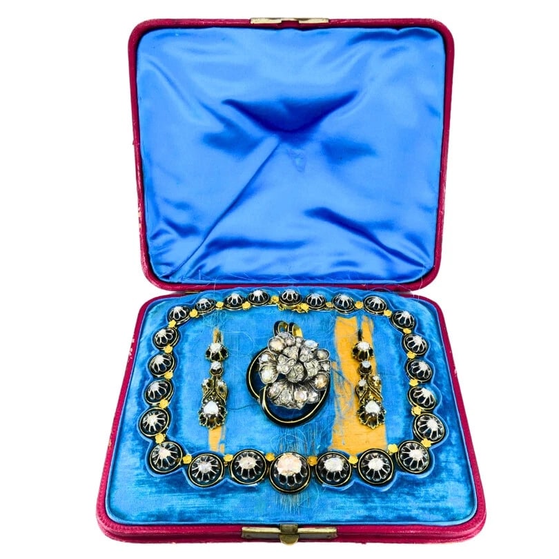 Georgian PARURE Set Gold Silver Rose Cut Diamond Necklace Earrings Brooch - 5