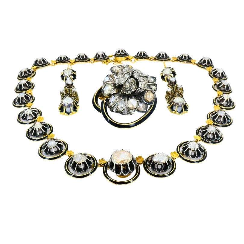 Georgian PARURE Set Gold Silver Rose Cut Diamond Necklace Earrings Brooch - 6