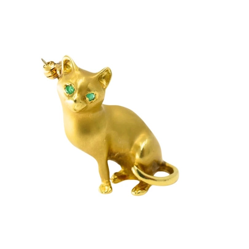 18k Gold Brooch Vintage Cat Pin Gemstones - 2