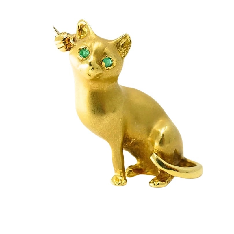 18k Gold Brooch Vintage Cat Pin Gemstones - 3