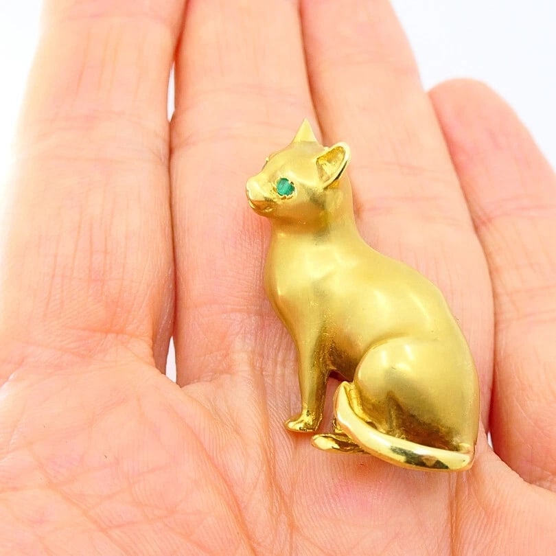 18k Gold Brooch Vintage Cat Pin Gemstones - 8
