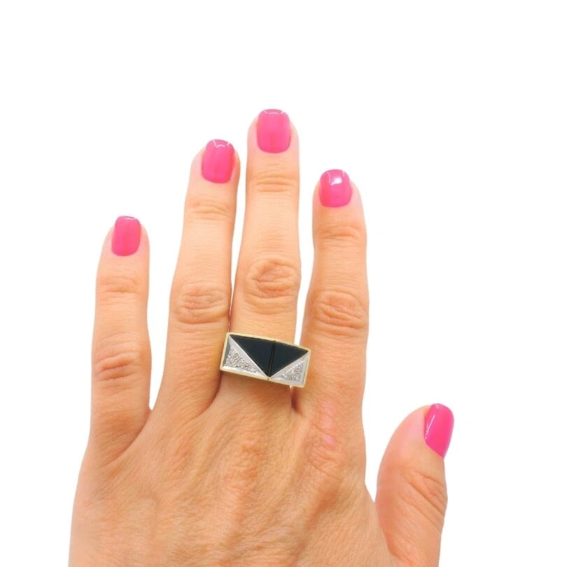 Vintage Geometric Ring 14k Gold Onyx Diamond - 3