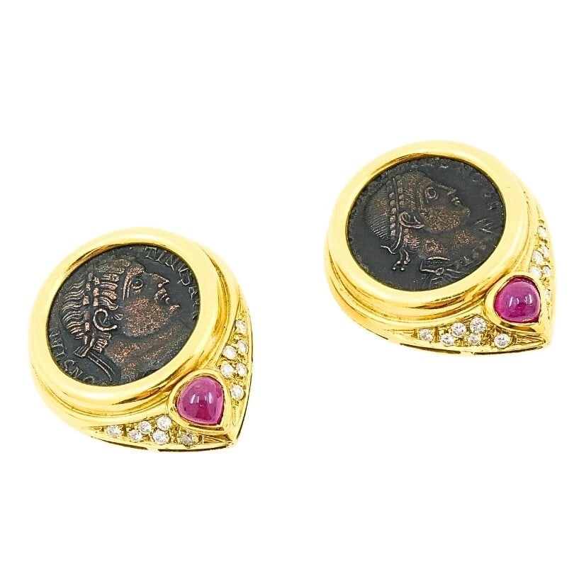 Ancient Coin 18k Gold Earrings Ruby - 10