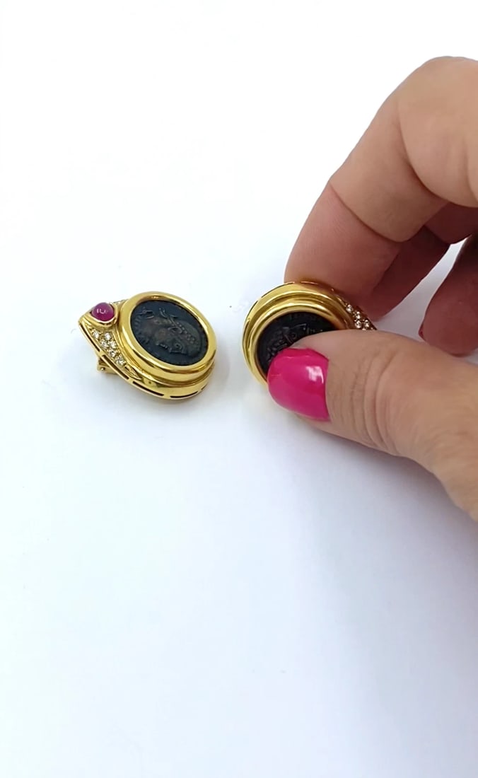 Ancient Coin 18k Gold Earrings Ruby - 2