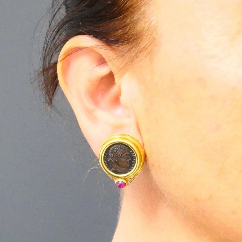 Ancient Coin 18k Gold Earrings Ruby - 3