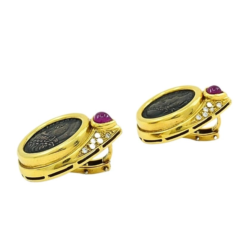 Ancient Coin 18k Gold Earrings Ruby - 4