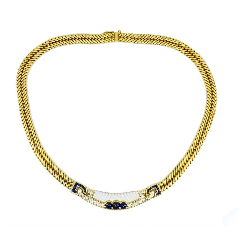 Mauboussin NECKLACE Carved Mother of Pearl Gemstones 18k Gold Vintage: Title: Mauboussin NECKLACE Carved Mother of Pearl Gemstones 18k Gold Vintage Description: MABOSSN Diamond Sapphire Mother-of-Pearl 18k Yellow old Necklace A striking Mauboussin necklace, featuring a c
