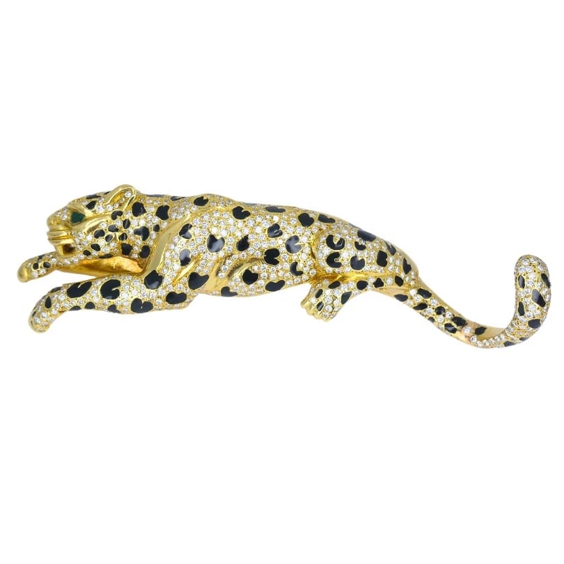 Vintage Panther Enamel BROOCH 18k Gold Diamond Emerald Estate Jewelry: Title: Vintage Panther Enamel BROOCH 18k Gold Diamond Emerald Estate Jewelry Description: Vintage 18 karat Yellow old Diamond Enamel Panther Brooch A gorgeous vintage panther enamel brooch, crafted of