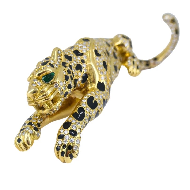 Vintage Panther Enamel BROOCH 18k Gold Diamond Emerald Estate Jewelry - 4