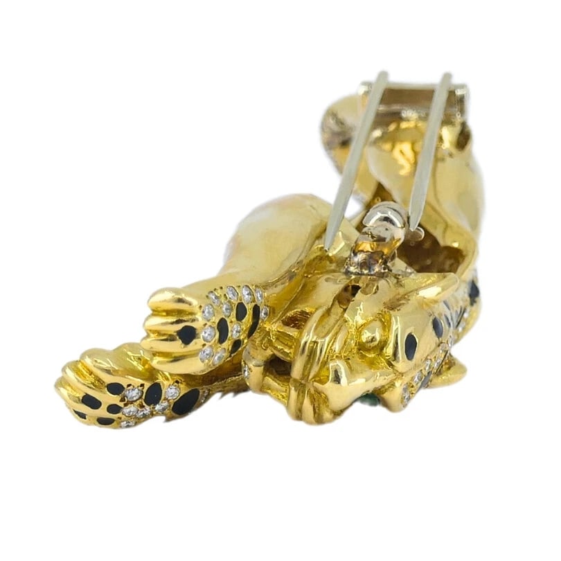 Vintage Panther Enamel BROOCH 18k Gold Diamond Emerald Estate Jewelry - 6