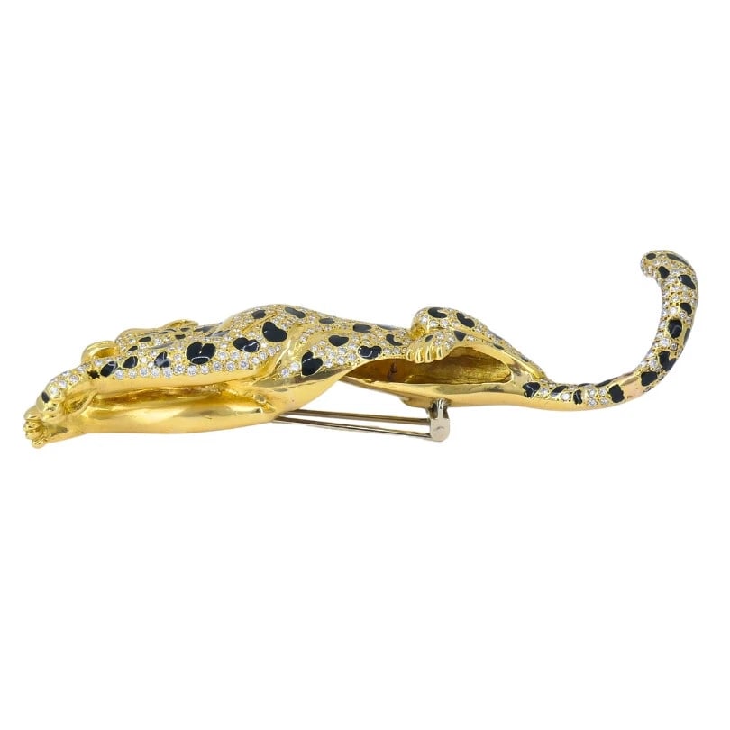 Vintage Panther Enamel BROOCH 18k Gold Diamond Emerald Estate Jewelry - 8