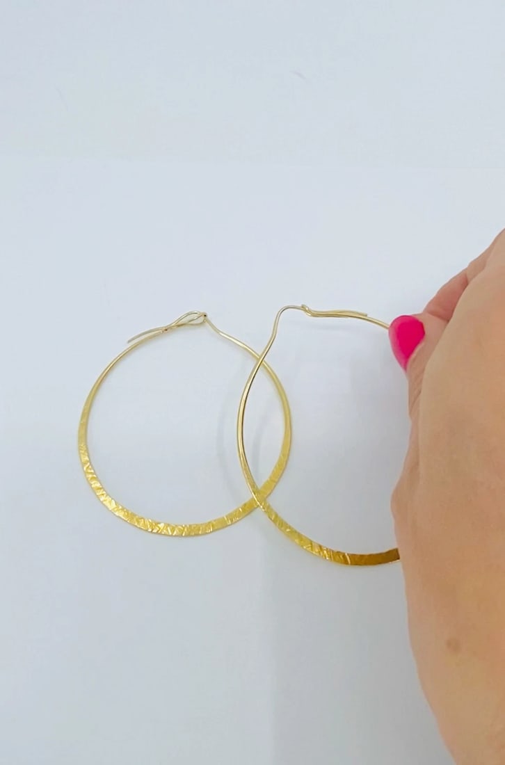 14k Hammered Gold Flat Hoop Earrings - 2