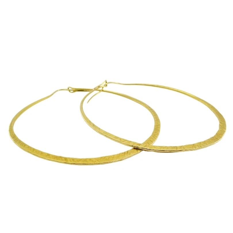 14k Hammered Gold Flat Hoop Earrings - 5