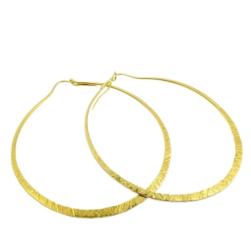14k Hammered Gold Flat Hoop Earrings - 6