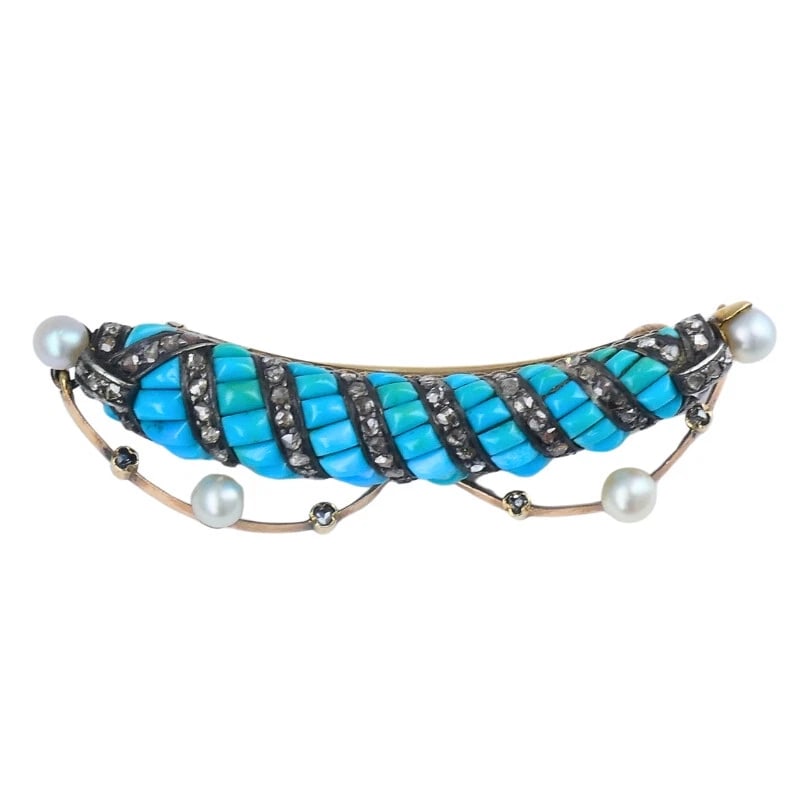VICTORIAN 14k Gold Silver Turquoise Diamond Pearl Bow BROOCH Pin Estate Jewelry: Title: VICTORIAN 14k Gold Silver Turquoise Diamond Pearl Bow BROOCH Pin Estate Jewelry Description: Victorian 14 karat Rose old Silver Diamond Turquoise Pearl Brooch A Victorian 14k gold and silver tu