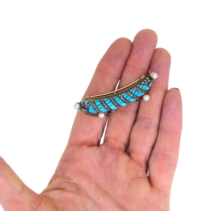 VICTORIAN 14k Gold Silver Turquoise Diamond Pearl Bow BROOCH Pin Estate Jewelry - 3