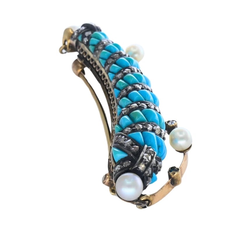 VICTORIAN 14k Gold Silver Turquoise Diamond Pearl Bow BROOCH Pin Estate Jewelry - 5