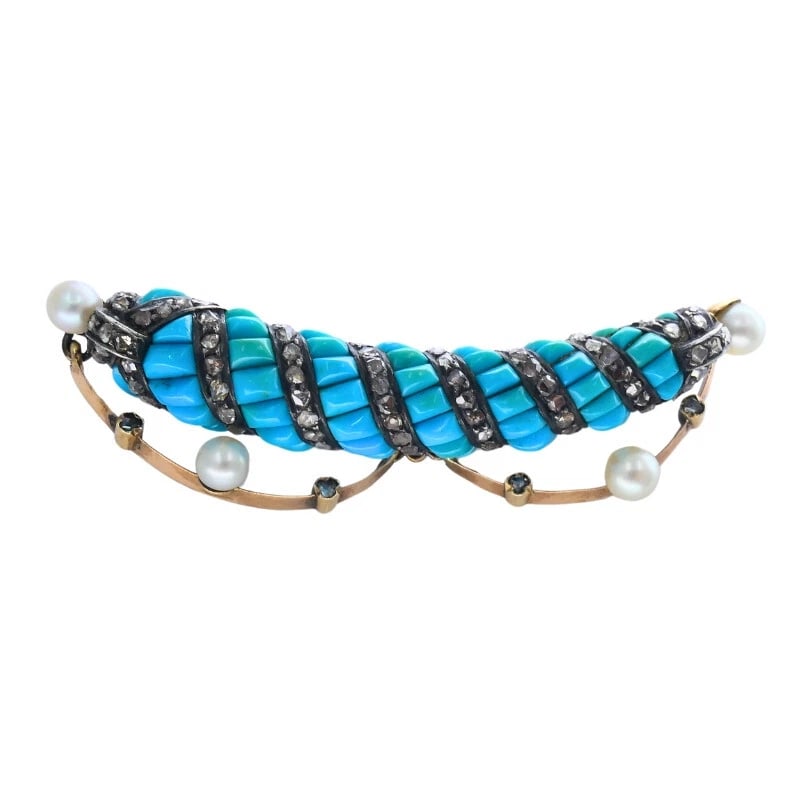 VICTORIAN 14k Gold Silver Turquoise Diamond Pearl Bow BROOCH Pin Estate Jewelry - 7