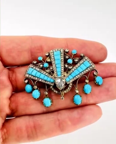 Victorian BROOCH Gold Turquoise Diamond Antique Pin Estate Jewelry - 2