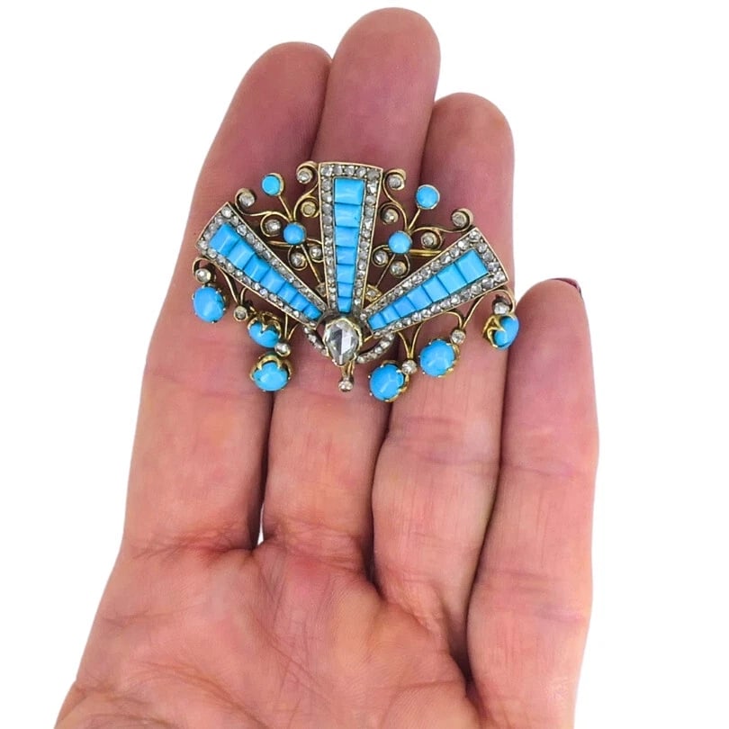 Victorian BROOCH Gold Turquoise Diamond Antique Pin Estate Jewelry - 3