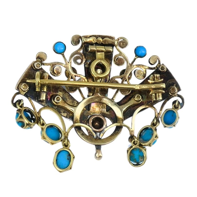 Victorian BROOCH Gold Turquoise Diamond Antique Pin Estate Jewelry - 5