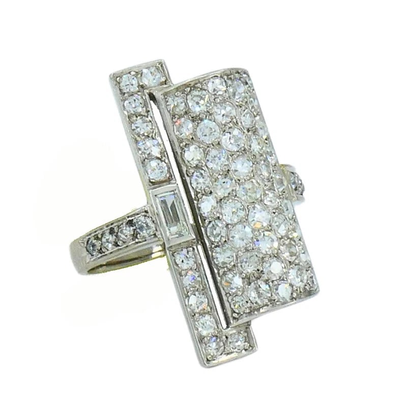 Art Deco RING Platinum Old European Cut Diamond French Estate Jewelry - 7