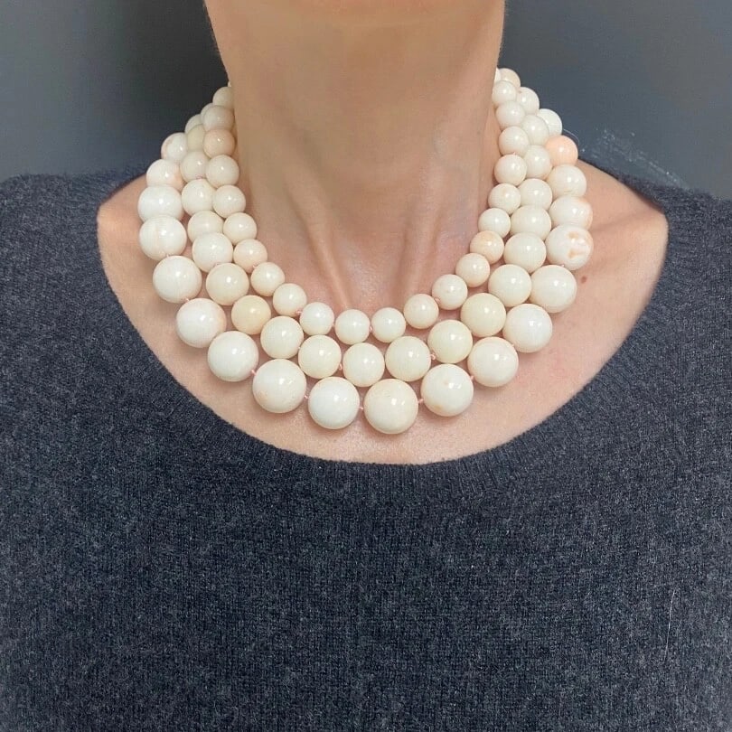 Angel Skin Coral Triple Strand Necklace 14K Gold - 3