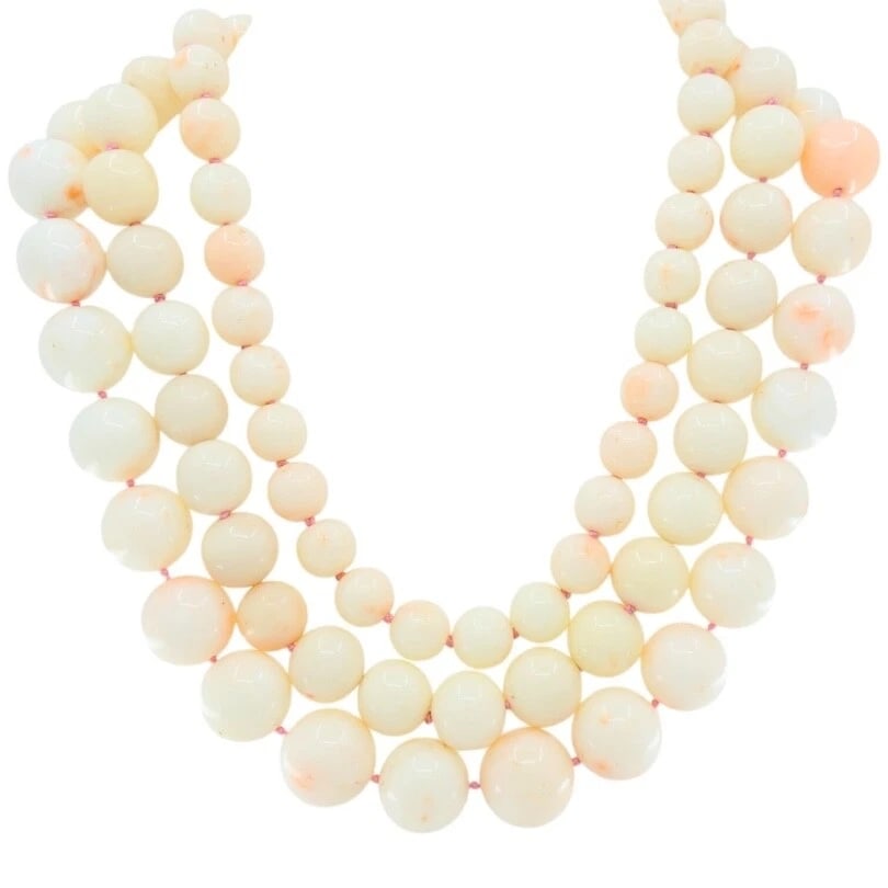 Angel Skin Coral Triple Strand Necklace 14K Gold - 9
