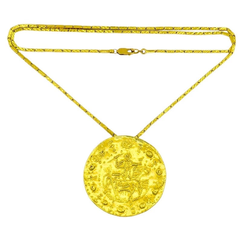 Pablo PICASSO Design Faune Cavalier 23k Gold Medallion PENDANT Estate Jewelry: Title: Pablo PICASSO Design Faune Cavalier 23k Gold Medallion PENDANT Estate Jewelry Description: Pablo Picasso 23 karat old Faune Cavalier Pendant Necklace This Faune Cavalier (Faun Rider) gold medal