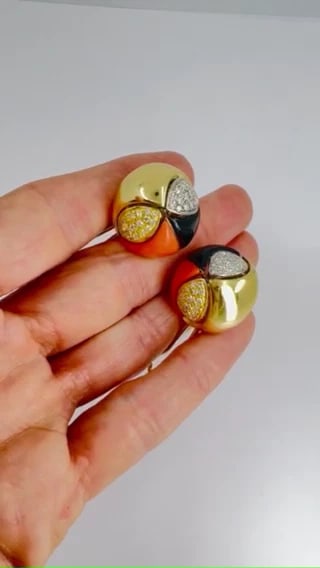 Vintage Tiffany & Co. Coral Onyx EARRINGS Diamond Gold Estate Jewelry - 2