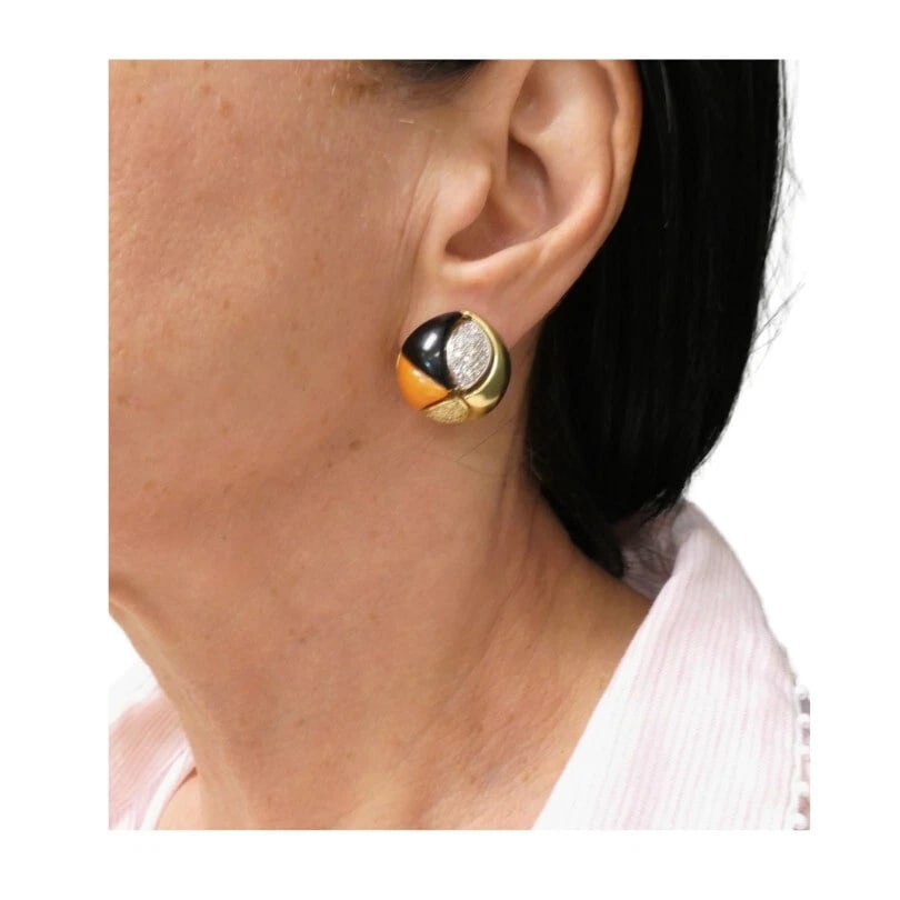 Vintage Tiffany & Co. Coral Onyx EARRINGS Diamond Gold Estate Jewelry - 3