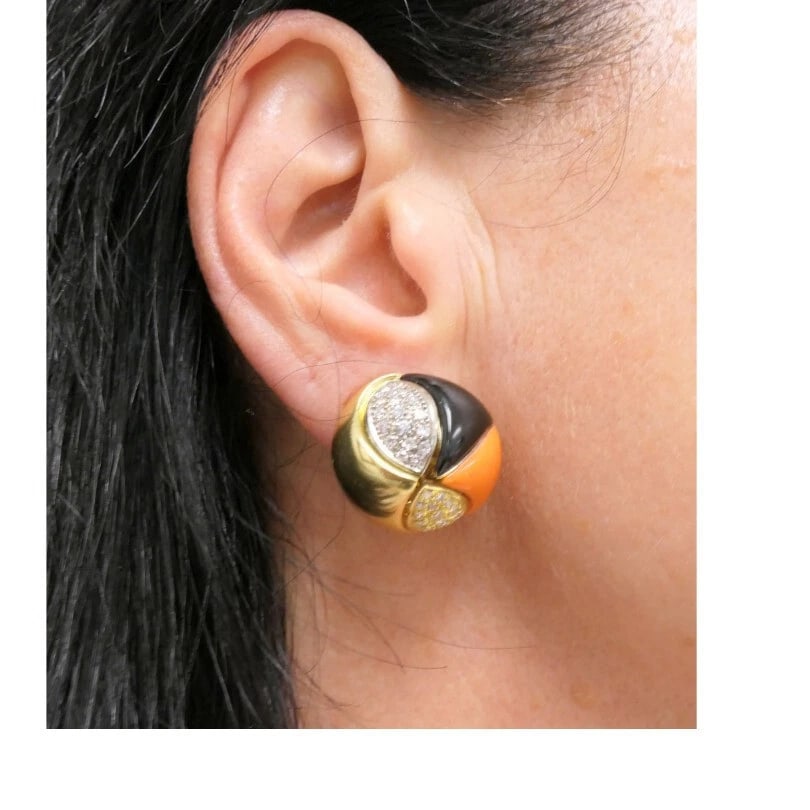 Vintage Tiffany & Co. Coral Onyx EARRINGS Diamond Gold Estate Jewelry - 4