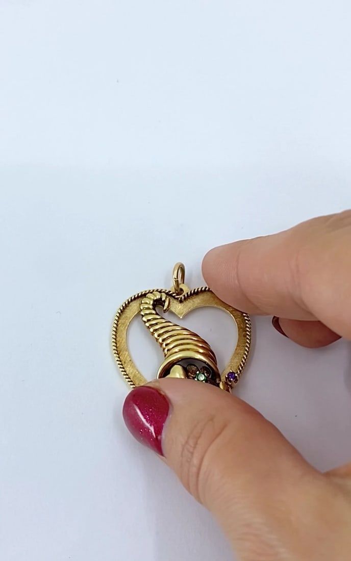 Vintage 14k Gold Heart Pendant Gemstone Cornucopia Design - 2